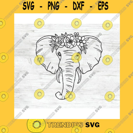 Flower SVG Elephant Svg File Elephant With Flower Crown Svg Elephant Cut File Animal Face Floral Crown Elephant With Flowers On Head Wild African