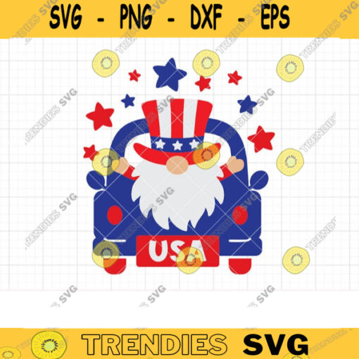 4th of July Gnome on Truck SVG United States Independence Day Truck Patriotic Gnome on Truck Red White Blue Stars Stripes PNG Clipart SVG copy