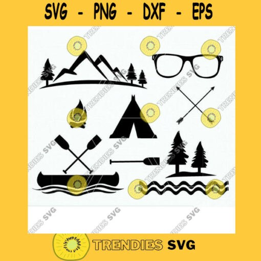 Adventure Clip art Svg Eps Dxf Silhouette Studio. Vector graphics pack canoe tent mountain river. Adventure Silhouette Cameo Files