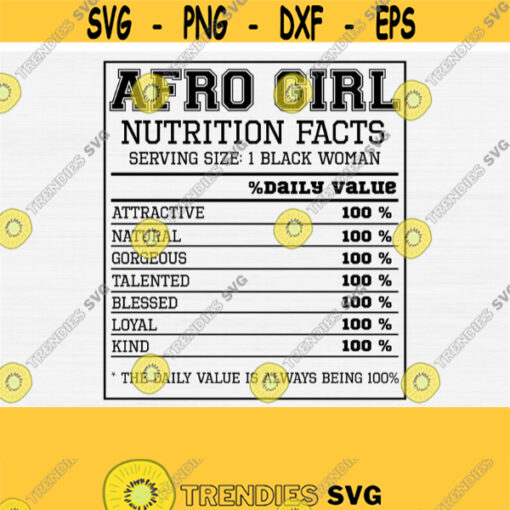 Afro Girl Svg Black Woman Svg Nutrition Facts Svg Black Queen Afro Lady Svg Files Cricut Cut File Melanin SvgPngEpsDxfPdf Vector Design 1526