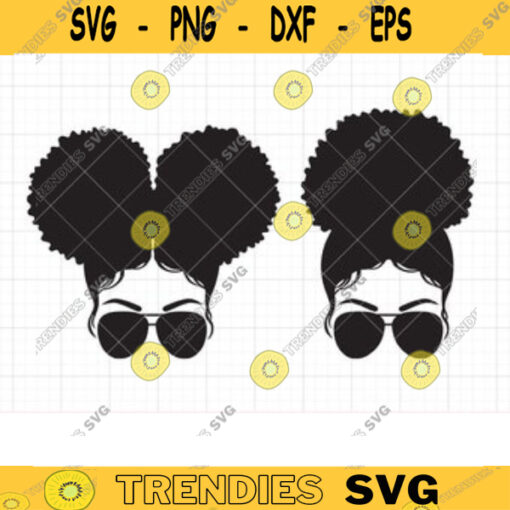 Afro Puff Bun Black Girl with Sunglasses SVG Clipart Black Woman Face with Double and Single Afro Puffs and Sunglasses SVG DXF Cut Files copy