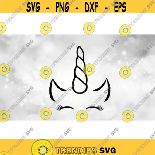 Animal Clipart Simple Easy Black Unicorn Face Outline with Horn Ears and Happy Closed Eyes with Eyelashes Digital Download SVG PNG Design 1673