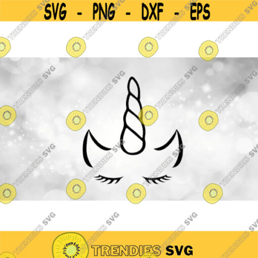 Animal Clipart Simple Easy Black Unicorn Face Outline with Horn Ears and Peaceful Closed Eyes with Eyelashes Digital Download SVG PNG Design 1674