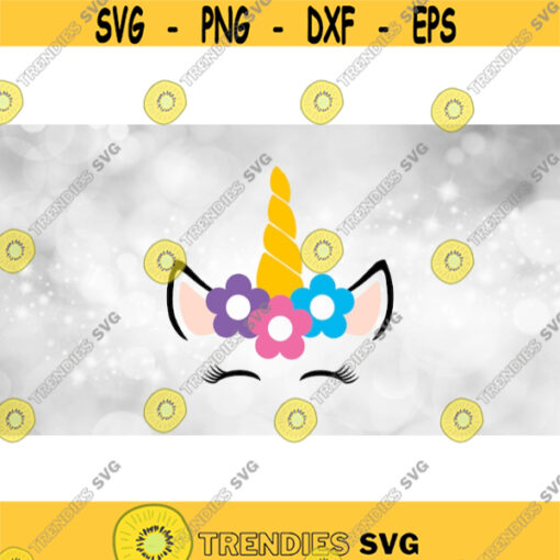 Animal Clipart Simple Easy Black Unicorn Face with Horn Flowers Ears and Happy Closed Eyes with Eyelashes Digital Download SVG PNG Design 1676