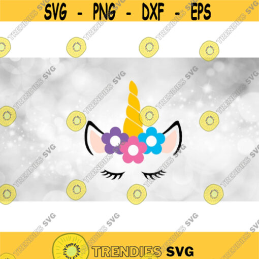 Animal Clipart Simple Easy Colorful Unicorn Face with Horn Flowers Ears and Closed Eyes with Eyelashes Digital Download SVG PNG Design 1677