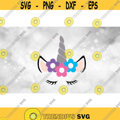 Animal Clipart Simple Easy Colorful Unicorn Face with Horn Flowers Ears and Closed Eyes with Eyelashes Digital Download SVG PNG Design 1720
