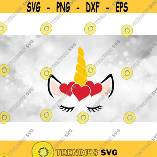 Animal Clipart Simple Easy Colorful Unicorn Face with Horn Red Hearts Ears and Closed Eyes with Eyelashes Digital Download SVG PNG Design 1719