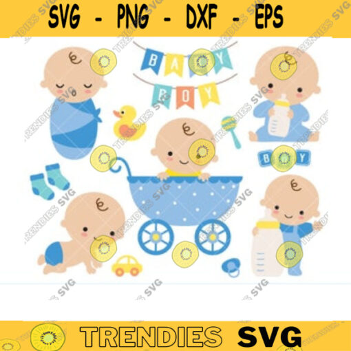 Baby Boy Shower Clipart Clip Art Cute Baby boy Birthday in Stroller with Toy and Milk Bottle Invitation Sign Banner Clipart Clip Art copy