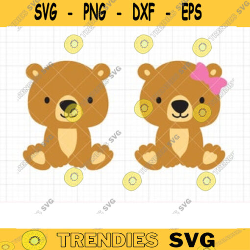 Bear SVG Cute Boy Bear and Girl Bear with Bow Baby Brother and Sister Bear Siblings Bear Svg Dxf and Png Cut Files for Cricut Commercial Use copy