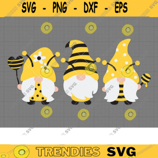 Bee Gnomes SVG Cute Bee Happy Bee Kind Three Spring Summer Gnomes in Bee Costume Dress with Honey and Heart Svg Dxf Cut Files Png Clipart copy