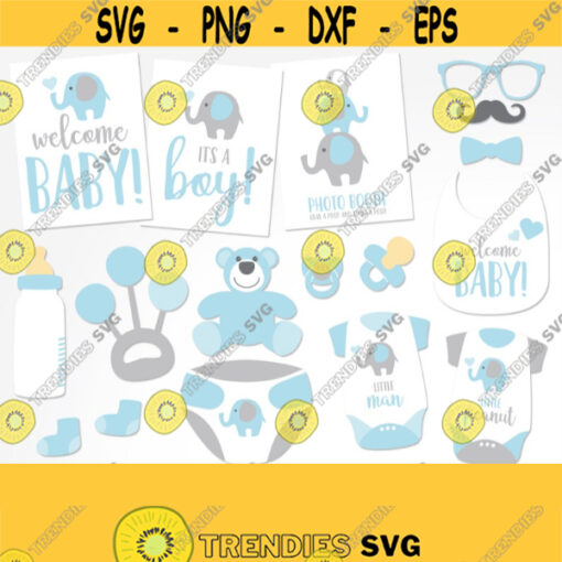 Blue Elephant Photo Booth Props SVG. Baby Boy Photo Props Vector Cut Files eps dxf. Printable Baby Shower Selfie Station Accessories Clipart Design 510