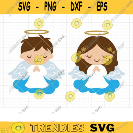 Boy Girl Angels SVG Baptism Christening Invitation Announcment Praying Little Kid Boy and Girl Angels on Cloud Svg Dxf Cut Files Png Clipart copy