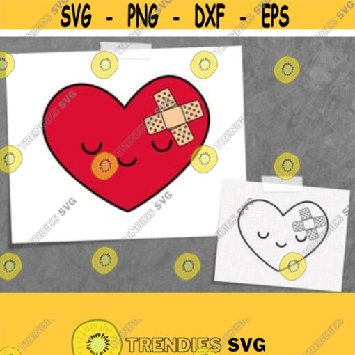 Broken Heart SVG. Kawaii Sad Heart SVG. Love Cut Files. Cartoon Heart with Bandaid Digital Scrapbook Card Making dxf eps png jpg pdf Design 23