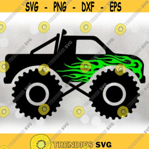 CarAutomotive Clipart Simple Black Monster Truck Drawing w Lime Green Fire Flames Layer Roll Bar Lights Digital Download SVG PNG Design 174