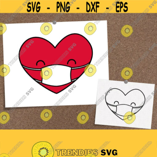 Cartoon Heart with Mask SVG. Covid Cut Files. Medical Heart Vector Kids Medicine Clipart Illustration Instant Download dxf eps png jpg pdf Design 841