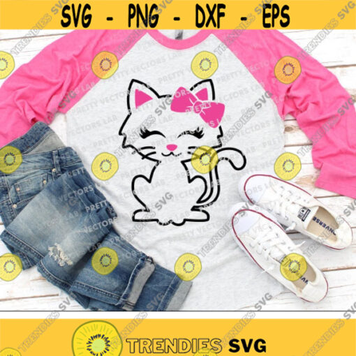 Cat Svg Cute Cat with Bow Svg Girls Svg Dxf Eps Png Funny Kitten Cut Files Kids Svg Baby Clipart Girl Shirt Design Silhouette Cricut Design 1225 .jpg