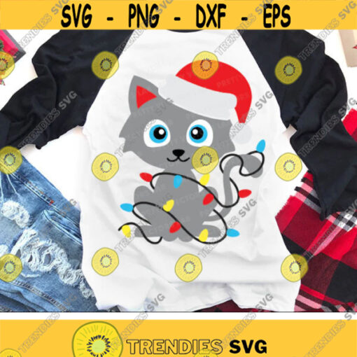 Christmas Cat Svg Funny Cat with Christmas Lights Svg Santa Hat Cut Files Funny Holiday Svg Dxf Eps Png Kids Svg Silhouette Cricut Design 2847 .jpg