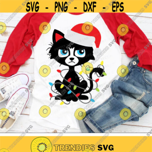 Christmas Cat Svg Funny Cat with Christmas Lights Svg Santa Hat Cut Files Funny Svg Dxf Eps Png Kids Shirt Design Silhouette Cricut Design 2419 .jpg