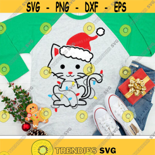 Christmas Cat Svg Funny Cat with Christmas Lights Svg Santa Hat Svg Kids Cut Files Baby Svg Holiday Svg Dxf Eps Png Silhouette Cricut Design 2610 .jpg