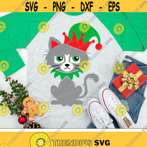 Christmas Cat Svg Funny Cat with Elf Hat Svg Elf Svg Kids Shirt Design Winter Cut Files Holiday Svg Dxf Eps Png Silhouette Cricut Design 2771 .jpg