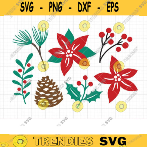 Christmas Foliage Plants SVG Holiday Pinecone Poinsettia Holly Berries Pine Leaves Branches Twig Clipart Svg Dxf Cut Files Cricut Silhouette copy