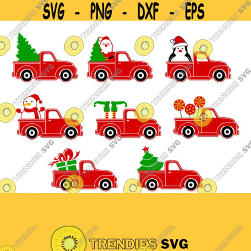 Christmas Red Car Set Svg Vintage Track with Christmas Tree Svg Penguin Santa Claus Snowman Elf Legs Present Files for Cricut etc. Design 160