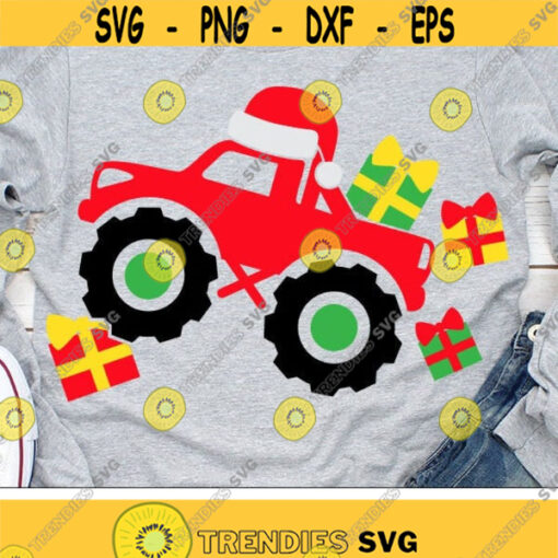 Christmas Truck Svg Monster Truck Svg Truck with Presents Svg Dxf Eps Png Kids Cut Files Santa Hat Holiday Clipart Silhouette Cricut Design 1427 .jpg