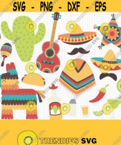 Cinco De Mayo Clipart. Mexican Festa Clip Art. Digital 5 De Mayo Party Png. Mexico Cactus Sombrero Mustache Pinata Poncho Guitar Maracas... Design 539