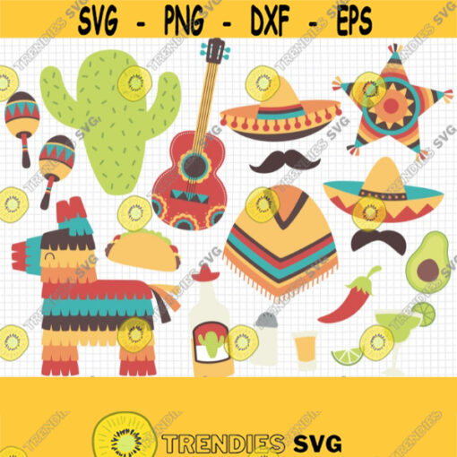 Cinco de Mayo Clipart. Mexican Festa Clip Art. Digital 5 de Mayo Party PNG. Mexico Cactus Sombrero Mustache Pinata Poncho Guitar Maracas... Design 539