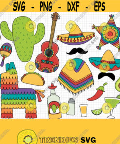 Cinco De Mayo Clipart. Mexican Festa Clip Art. Digital 5 De Mayo Party Png. Mexico Cactus Sombrero Mustache Pinata Poncho Guitar Maracas... Design 753