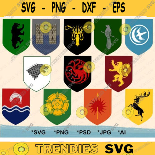 Complete Thrones Game SVG Bundle Animal Sigils Cut Files Deer Lion Wolf Kraken Dragon Vector Files Bundle