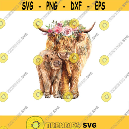 Cow and calf with flower Watercolor highland cow Watercolor cow Farm clipart Heifer PNG Sublimation designs downloads PNG JPG