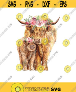 Cow and calf with flower crown Watercolor highland cow png Watercolor cow Farm clipart Heifer PNG Sublimation designs downloads PNG