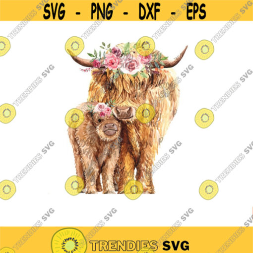 Cow and calf with flower crown Watercolor highland cow png Watercolor cow Farm clipart Heifer PNG Sublimation designs downloads PNG