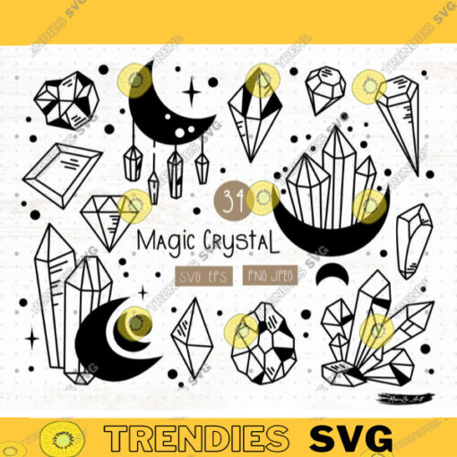 Crystal and Moon SVG bundle boho Crystal PNG clipart Mystical crescent Moon SVG cricut files Witchy celestial svg Gem Diamond svg