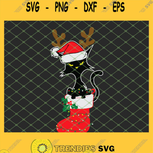 Cute Black Cat Funny Christmas Lights Santa Hat SVG PNG DXF EPS Cricut 1