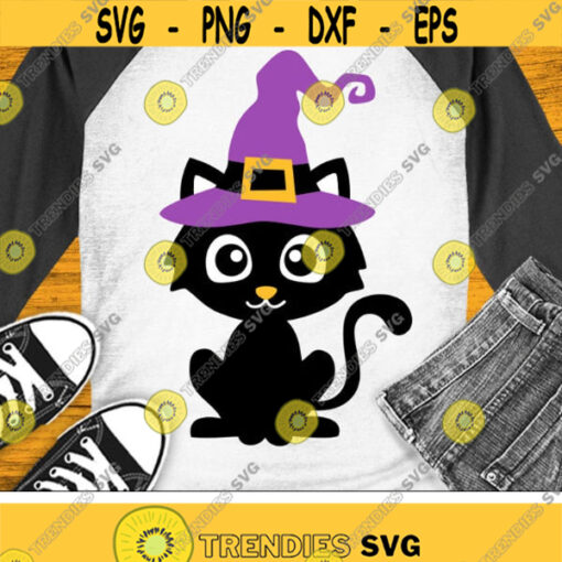 Cute Black Cat Svg Halloween Svg Cat with Halloween Hat Svg Dxf Eps Png Fall Cut File Kids Shirt Svg Baby Clipart Silhouette Cricut Design 1721 .jpg