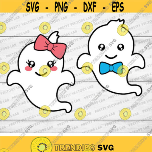 Cute Ghost Svg Halloween Svg Little Ghosts with Bow Svg Boy Girl Ghost Svg Baby Kids Halloween Cut Files Dxf Eps Silhouette Cricut Design 2391 .jpg
