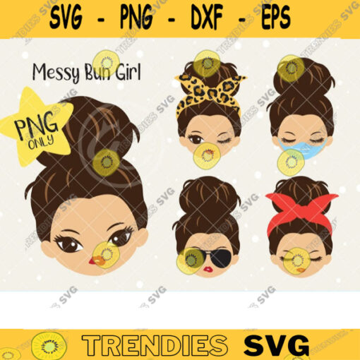 Cute Messy Bun Girl PNG Clipart Woman Face with Messy Bun Hair Sunglasses Face Mask Leopard Bandana Sublimation Designs Clip Art copy