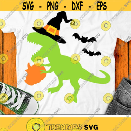 Dinosaur Svg Halloween Svg T Rex with Pumpkin Svg Dxf Eps Png Fall Cut Files Kids Shirt Design Autumn Clip Art Silhouette Cricut Design 2272 .jpg