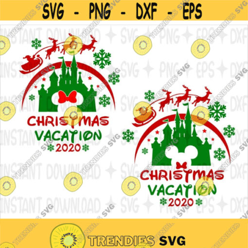 Disney Christmas Vacation 2020 SVG Mickey Minnie Mouse Christmas Disneyland Castle Silhouette Winter with Snowflakes Cut files Design 369