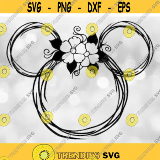 Disney Clipart Large Black Traditional Minnie Mouse Head Outline with Wispy Decorative Lines and Flower Crown Digital Download SVG PNG Design 249