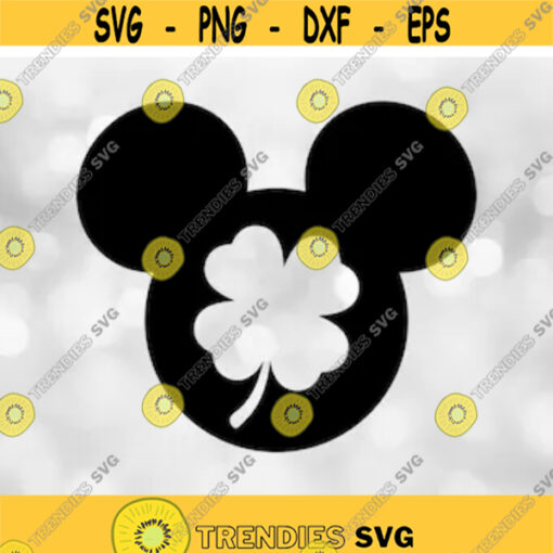 Disney Clipart Simple Easy Black Silhouette of Mickey Mouse Ears with Shamrock Cutout for Saint Patricks Day Digital Download SVG PNG Design 323