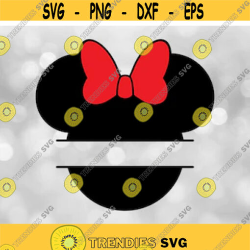 Disney Clipart Split Black Modern Minnie Mouse Head and Ears Silhouette Name Frame with Big Red Bow Digital Download SVG PNG Design 248