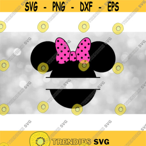 Disney Clipart Split Black Traditional Minnie Mouse HeadEars Silhouette Name Frame with Big Pink Dotted Bow Digital Download SVG PNG Design 778