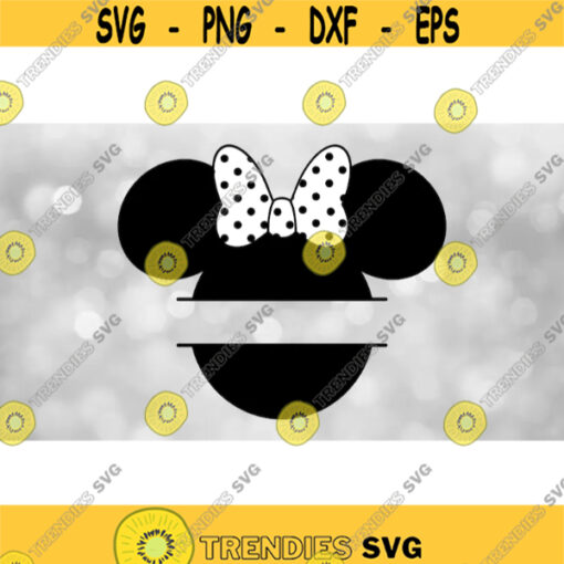 Disney Clipart Split Black Traditional Minnie Mouse HeadEars Silhouette Name Frame with Big White Dotted Bow Digital Download SVG PNG Design 1057