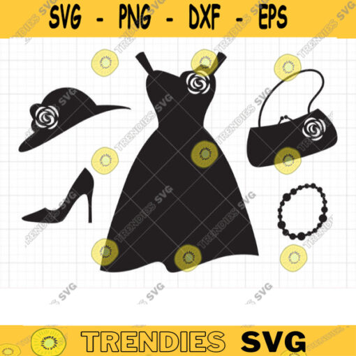 Dress Silhouette SVG Files for Cricut or Silhouette Women Dress svg Shoe Purse Hat Handbag Necklace SVG DXF Cut File Clipart Clip Art Set copy