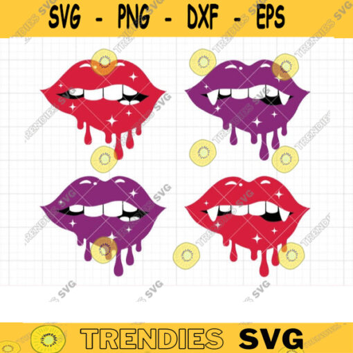 Dripping Lips SVG DXF Sexy Glossy Dripping Vampire Red Lips with Fangs Biting Bleeding Fashion Lips Lipstick svg dxf for Cricut Clipart copy