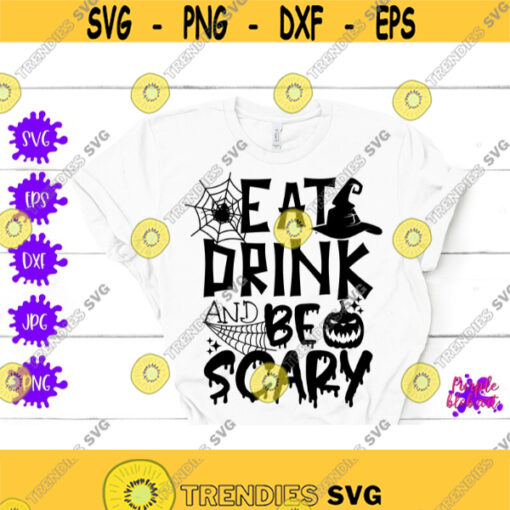 Eat drink be spooky happy halloween sign svg halloween party decoration halloween witches quote pumpkin witch hat spider web wall decor png Design 244