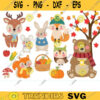 Fall Autumn Woodland Animals Clipart Deer Fox Rabbit Bear Squirrel Owl with Winter Scarves Sweater Hat Maple Leaf Tree PNG Clipart copy